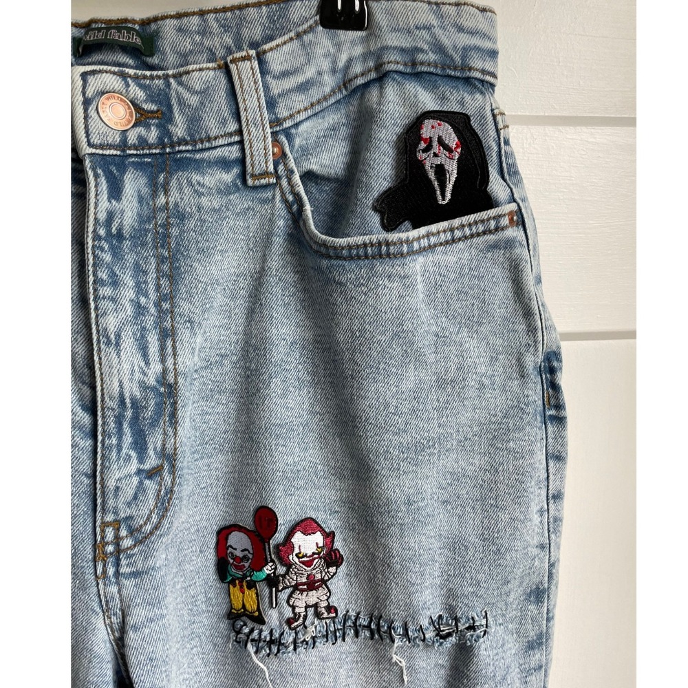 Horror Movie Patch Jeans DIY Light Acid Wash Distressed Halloween Goth Sz 8